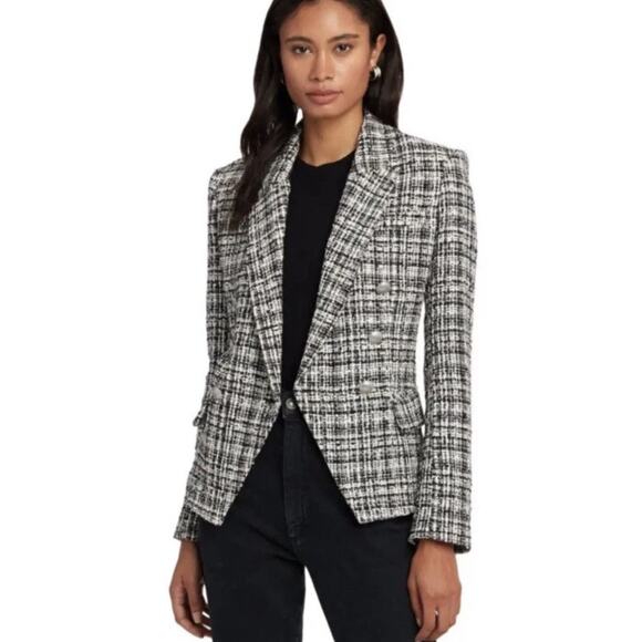 L’AGENCE Kenzie Tweed Blazer Size 4 Double Breasted Black Ivory Fall Winter - Picture 1 of 11